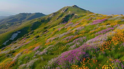 Aerial shot of a hillside covered in colorful wildflowers during spring bloom.