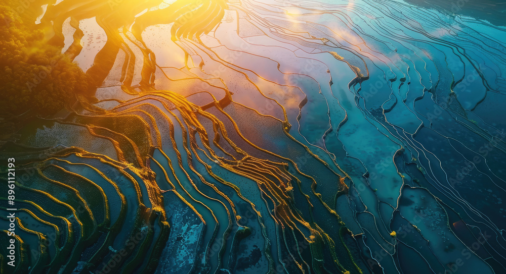 Sticker Aerial view of rice terraces in Yunnan, China at sunset, with vibrant green and blue hues. The sun casts long shadows over the fields, creating intricate patterns on their surface.