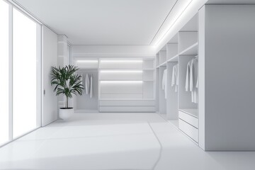 Interior of a modern dressing room with white walls, tiled floor and white walls.