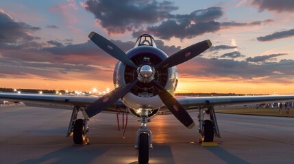 A vintage aircraft with a propeller, illuminated by a stunning sunset backdrop, showcasing aviation history and craftsmanship.