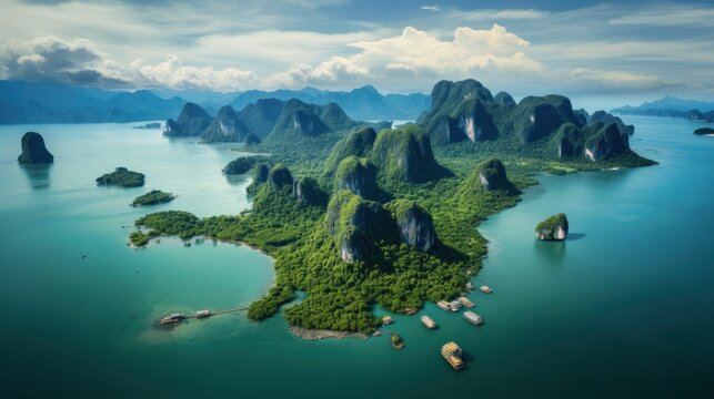 Koh Tapu, Thailand, captured in a panoramic view, showcasing its grandeur against the backdrop of Phang Nga Bay's lush landscapes