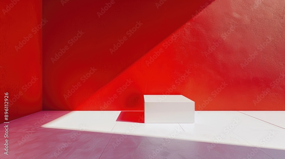 Poster a minimalist space with a single white box on the floor in a red room