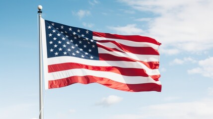 Fototapeta premium The American flag, waving proudly in the wind against a clear blue sky,