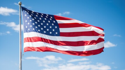Obraz premium The American flag, waving proudly in the wind against a clear blue sky,