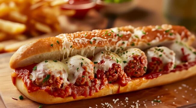 Close-up of a meatball sub sandwich with marinara sauce and melted cheese, garnished with parsley, on a wooden board.