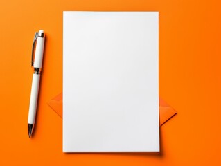Top view of blank paper, envelope, and pen on orange background with space for text