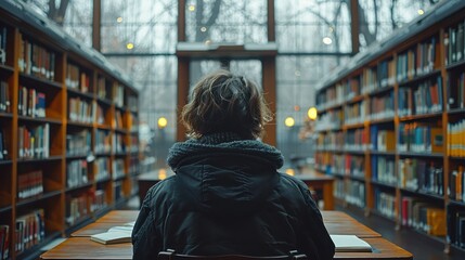 Individual sits alone at a wooden table in a quiet library reading a book, surrounded by rows of shelves filled with books, against a backdrop of modern large windows.