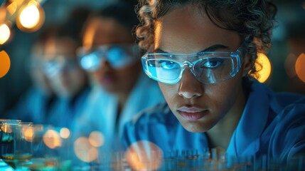 Scientists don their lab coats and protective eyewear while working with various scientific equipment in a well-lit, modern laboratory environment, exuding a focused atmosphere.