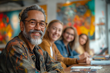 Obraz premium Excited team in creative meeting. Colleagues in a vibrant art studio actively brainstorming and collaborating on a project. Ideal for illustrating teamwork, creativity