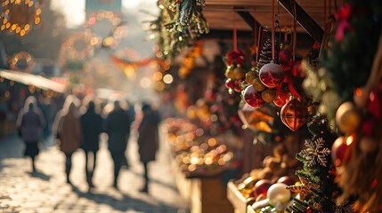 Christmas market with festive stalls and holiday decorations