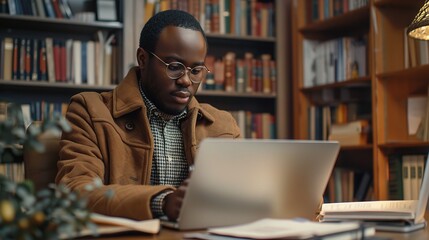 A young African-American man, wearing glasses and a brown jacket, sits in a library setting, deeply engrossed in work on his laptop. 