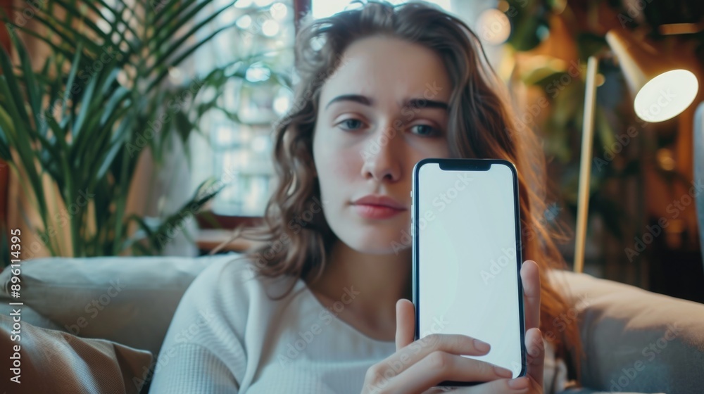 Poster a person holding a smartphone with a blank screen, suitable for use in presentations about technolog