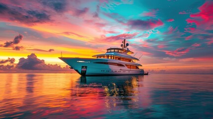 Naklejka premium Luxury yacht floating on calm water during sunset with dramatic clouds