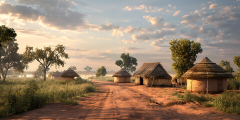 A landscape with thatched huts a beautifull veiw of village, generative AI
