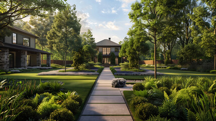 Obraz premium An innovative urban park with green infrastructure and a winding pathway, lush trees and colorful flowers.Generative AI