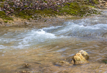 spring walks along the river canyon, woodland, shallow water with a rocky bottom