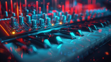 AI-driven music creation with holographic interface, modern, digital art, vibrant colors, sleek design