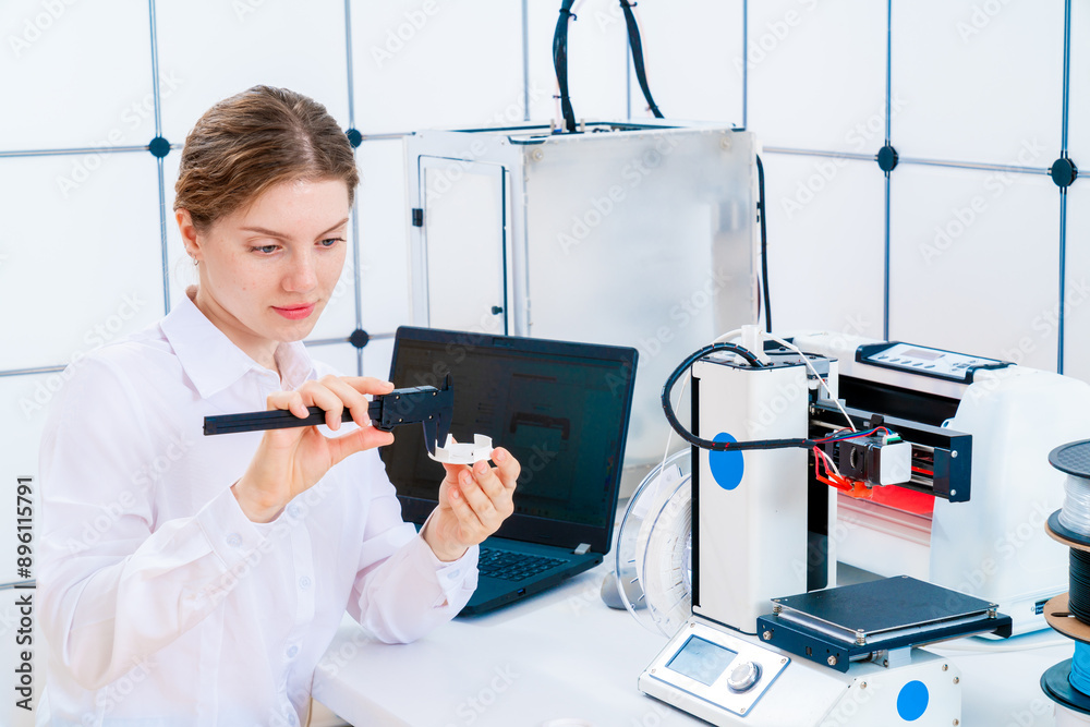 Wall mural young female engineer in a laboratory researching 3D printing technology