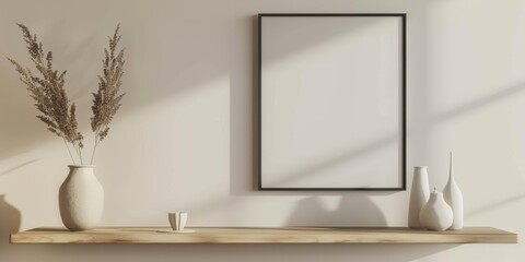 Minimalist Wall Shelves with Elegant Vases: Modern Japanese-Inspired Interior Decor. Vertical Empty Frames for Wall Art Models. Aesthetic Room Design Showcasing Clean Lines, Neutral Tones, and Zen-lik