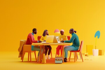 Fototapeta premium A group study session with students collaborating and paper cut laptops and notebooks on a bright yellow background a moment of teamwork