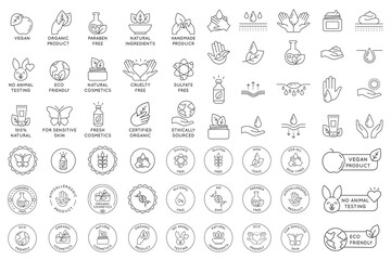 Eco cosmetics icon. Organic natural products alcohol, fragrance, chemical, and silicone free line icons for packaging. Round stamps and badges vector set.