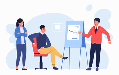 Obraz premium Business analytics. Business team people monitoring financial analysis reports and investments. Businessman brainstorming, teamwork and management vector concept. Employees meeting on presentation.