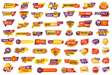 Sale labels. Ad promo badges, big sale discount tags, special offer shopping coupon, best price advertising business signs. Vector isolated marketing banner set.