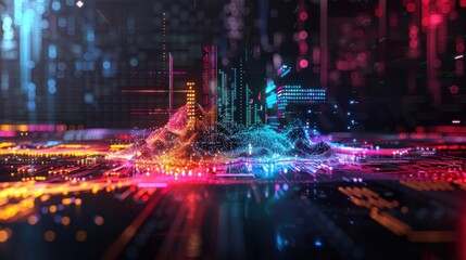 A colorful cityscape with a glowing, glowing, and glowing cityscape