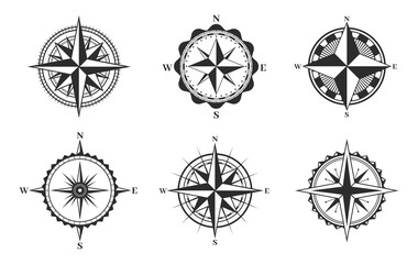 Compass icons set. Navigation compass wind rose retro signs, cartography, journey and adventure symbol. Monochrome outline vintage maritime compasses navigational vector emblems.