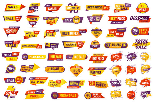 Sale labels. Ad promo badges, big sale discount tags, special offer shopping coupon, best price advertising business signs. Vector isolated marketing banner set.