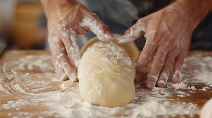 Fototapeta premium Artisan Baker's Hands Shaping Fresh Baguettes on Floured Surface - Ideal for Culinary and Baking Designs
