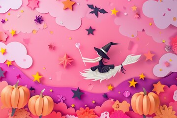 Fototapeta premium A 3D pop art front view of a playful witch riding a broomstick with paper cut stars and pumpkins in the background on a vibrant pink backdrop