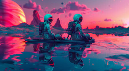 Colorful space scene with astronauts