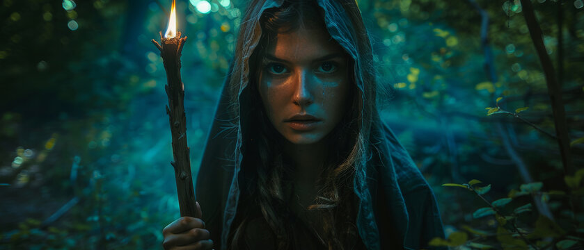 Mystical Sorceress in Moonlit Grove with Staff