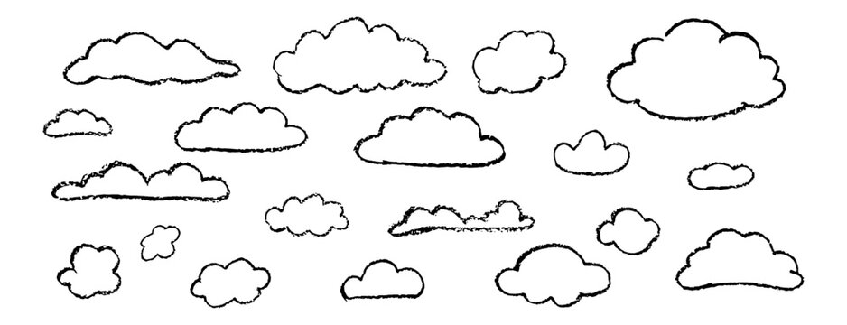 Set of crayon abstract clouds. Hand drawn cartoon overcast sky. Vector illustration of collection of black eddy on white background. Imitation of children drawing with pencils contour design element.