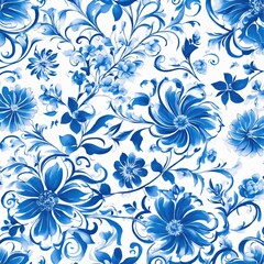 diagonal scrolly pattern with blue and white flowers