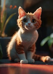 3D portrait of a cute cat sitting on the floor
