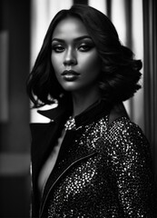 Artdeco, black and white photography, black beautiful model, stylish, avantgardistic, fashion shoot portrait