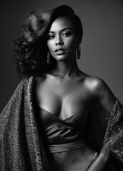 Artdeco, black and white photography, black beautiful model, stylish, avantgardistic, fashion shoot portrait