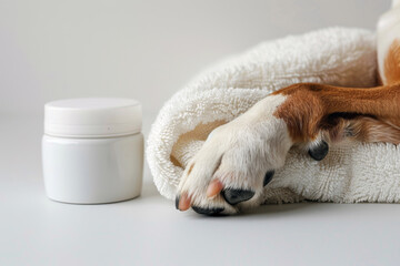 A close-up of a dog's paw on a beige background, emphasizing paw care and protection