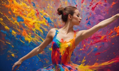 A dancing ballerina looking as if she was made of spilling paints of various colors