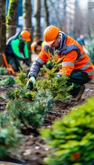 Urban Landscape Development: Builders Planting Trees and Shrubs for Green Spaces in City's Park