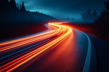 Long exposure of glowing car lights curving through a forested road at night.