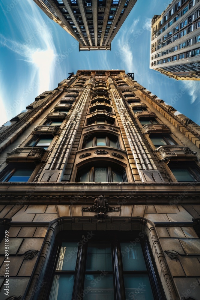 Poster a tall building with a prominent clock tower on its facade