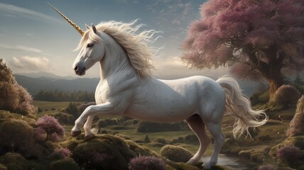 Mystical Unicorn in a Dreamlike Landscape: A majestic white unicorn with a spiraling golden horn gracefully walks through a surreal landscape of vibrant pink trees, lush moss-covered rocks, and rollin
