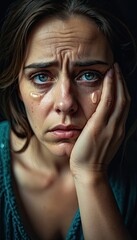 Fototapeta premium A woman with blue eyes and tears on her face.