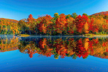 Fototapeta premium A serene lake reflecting vibrant autumn foliage