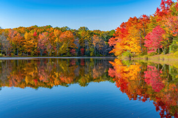 A serene lake reflecting vibrant autumn foliage