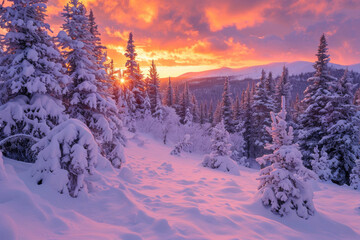 A vivid sunset over a snowy forest