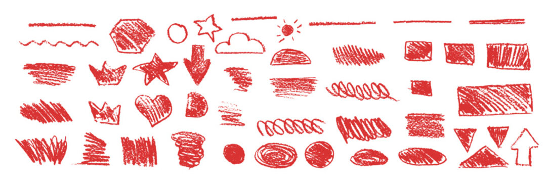 Red underline pencil hand drawn various ellipses, crowns, doodle cloud and sun, arrows, star, triangles and heart. Vector grunge charcoal pencil curly lines, squiggles and shapes. Rough crayon strokes